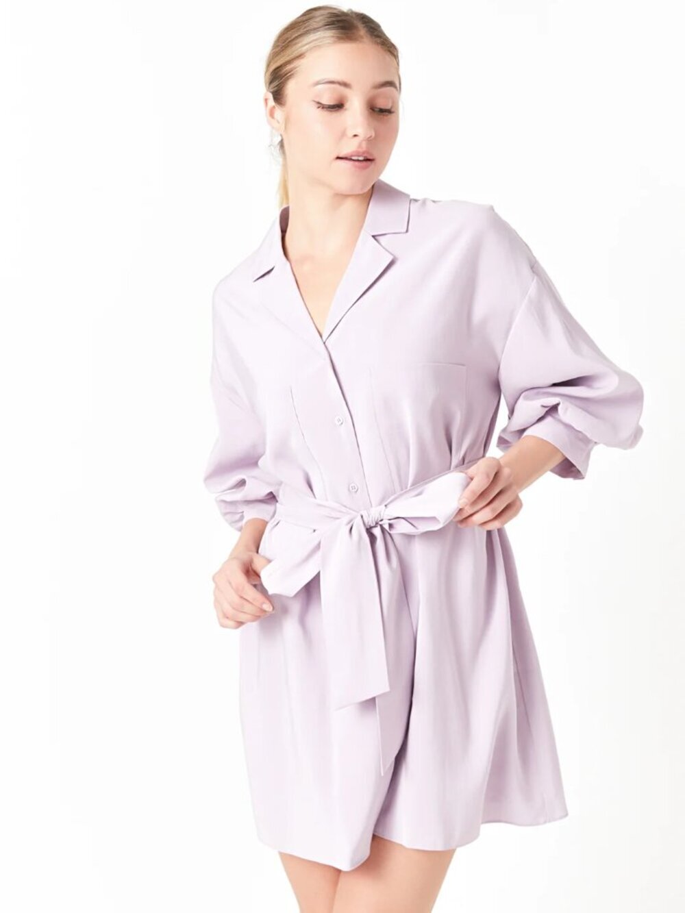 Endless Rose Lilac Blouson Bubble Sleeve Belted Mini Shirt Dress | M